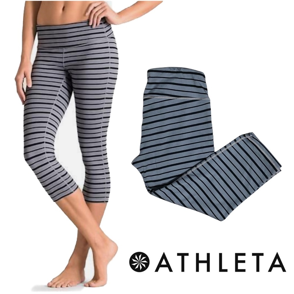 ATHLETA Gusset Coolmax Capri Crop Pullon Leggings Black/Gray Striped Size Medium